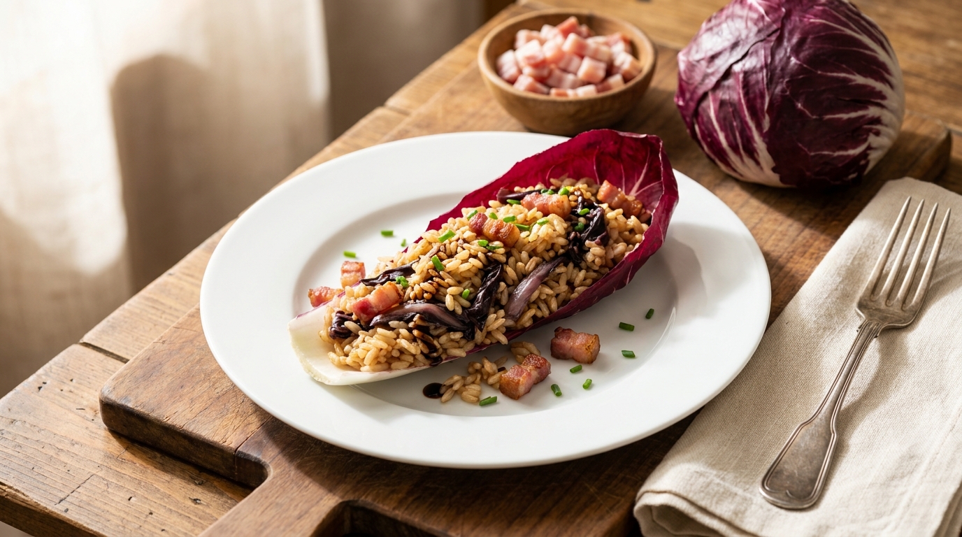 Wholegrain Carnaroli Boat with Guanciale and Caramelised Pears, an original Acqua e Sole recipe