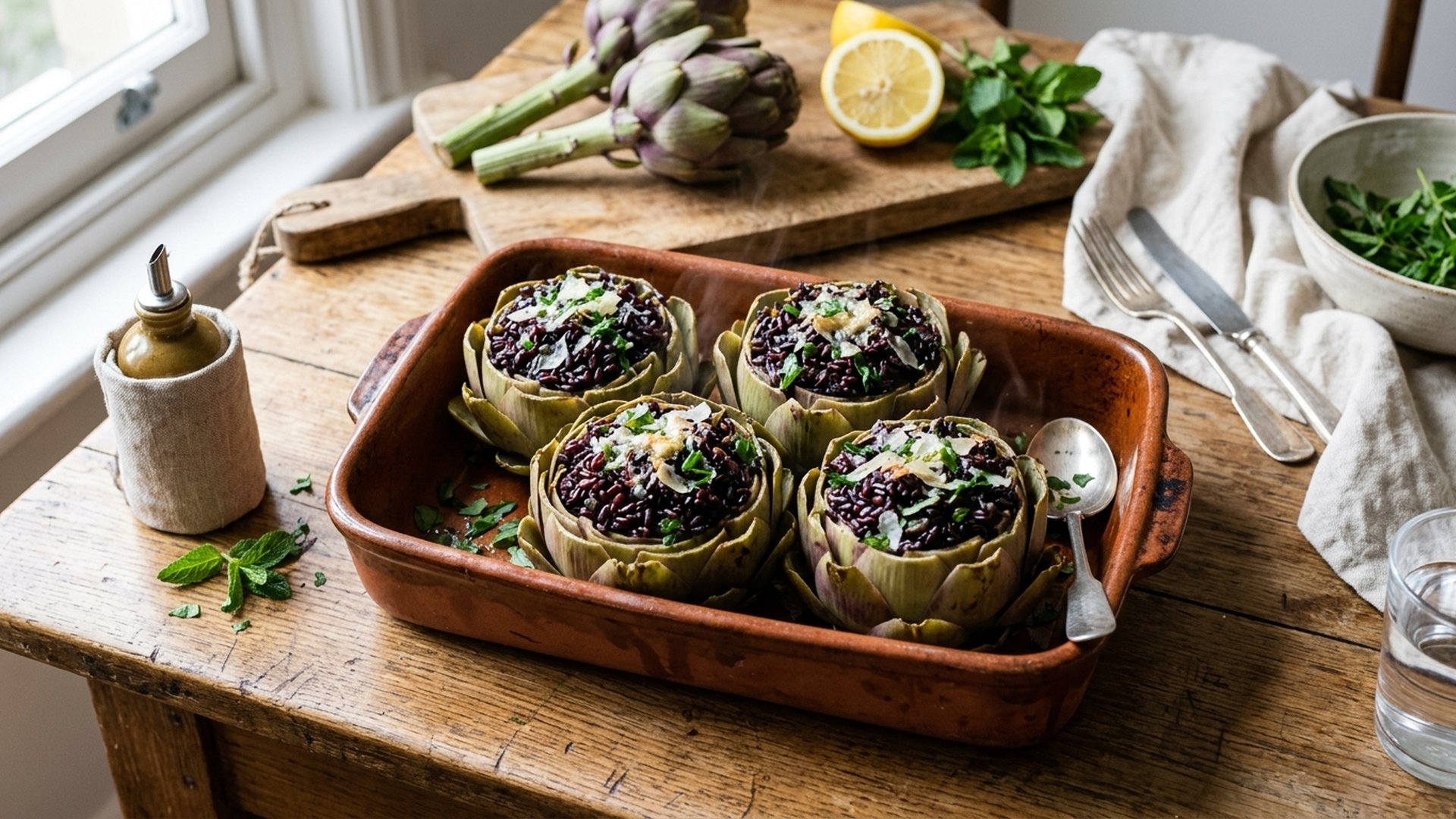 Carciofi Ripieni con Riso Nero e Ricotta Affumicata