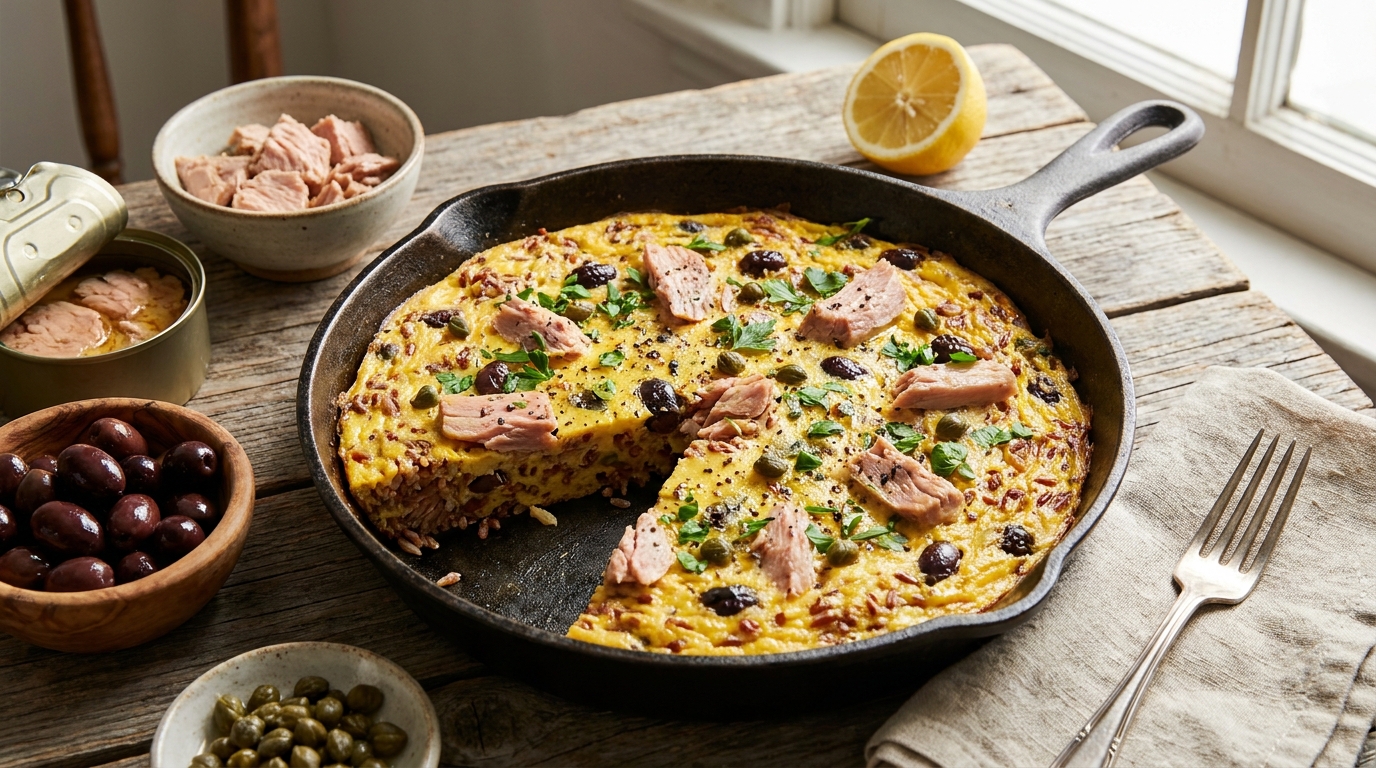 Red Rice Frittata with Tuna and Taggiasca Olives, an original Acqua e Sole recipe
