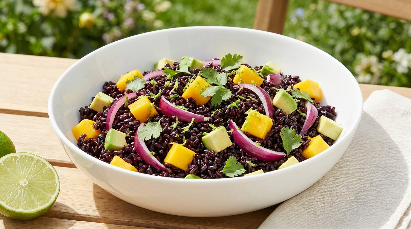 Black rice salad Il Moro with mango, avocado and pink prawns