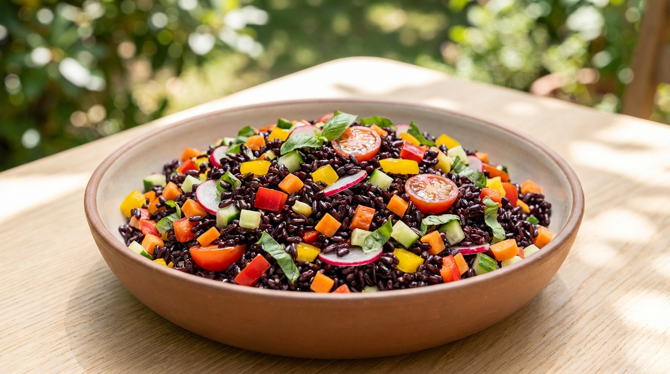 Mediterranean-style black rice salad Il Moro with cherry tomatoes, olives and mozzarella