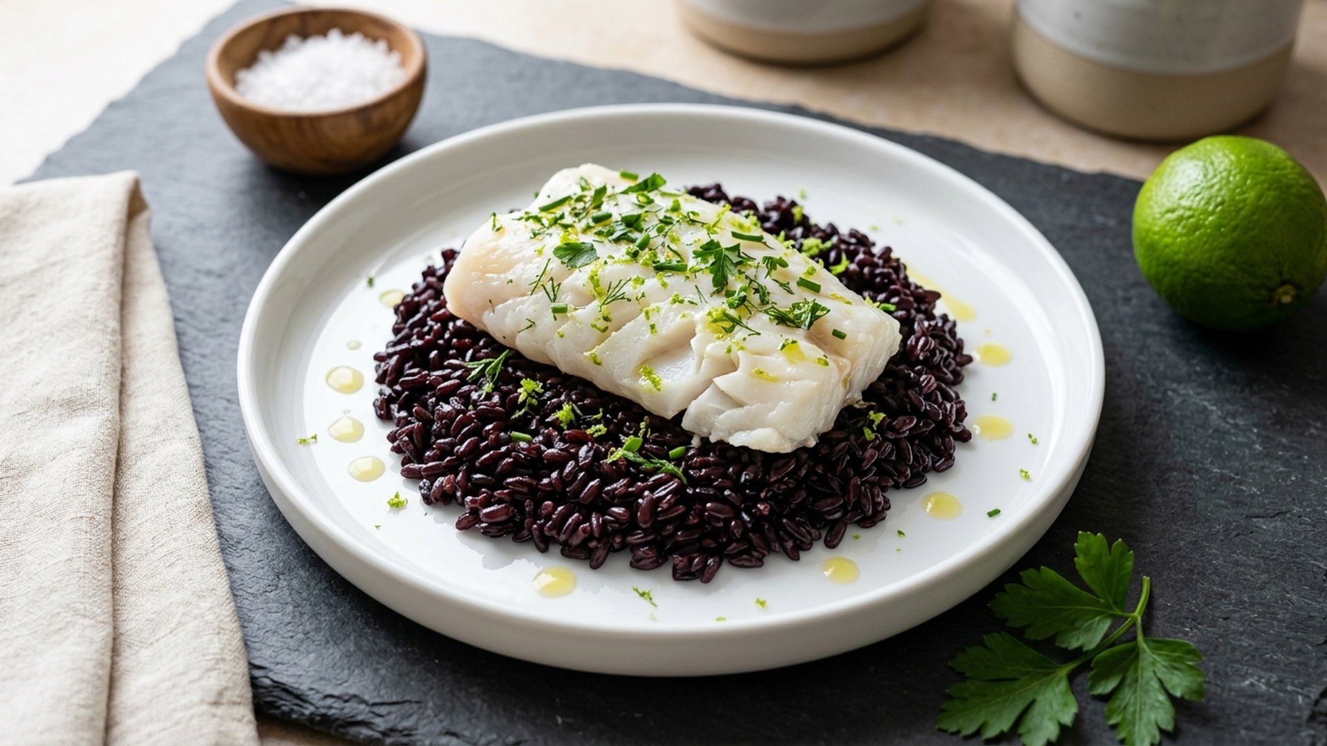 Merluzzo al Vapore su Riso Nero Il Moro con Salsa Miso, Zenzero e Lime