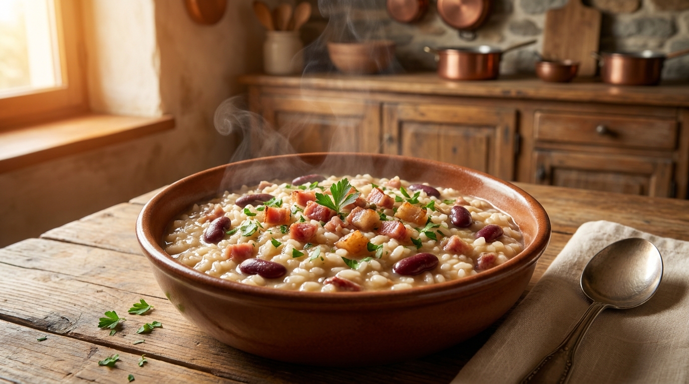 Steaming Paniscia Novarese in a dark ceramic bowl, a family tradition