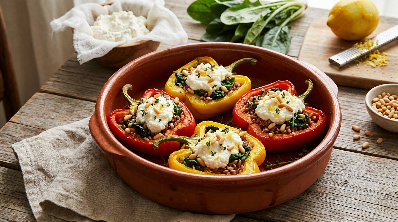 Peppers Stuffed with Red Rice, Ricotta and Spinach, an original Acqua e Sole recipe