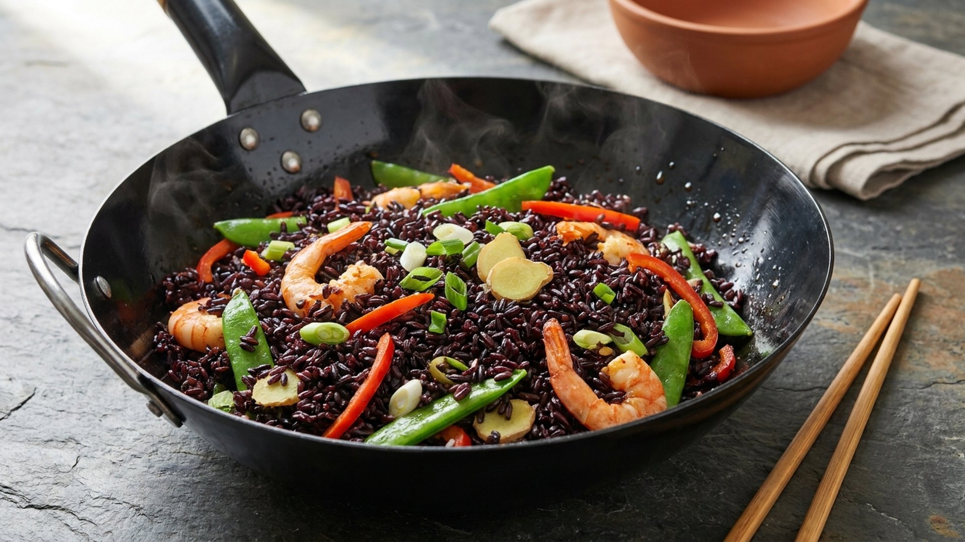 Riso Nero con Pollo e Verdure dell'Orto Saltati in Padella