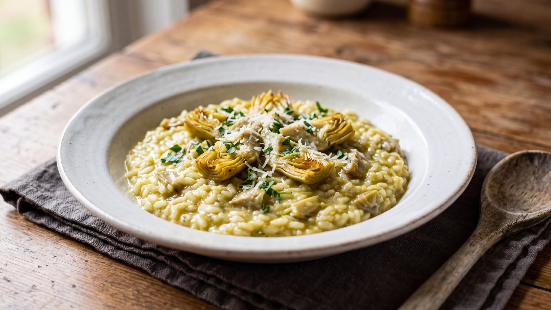 Artichoke Heart Risotto with Cinta Senese Guanciale