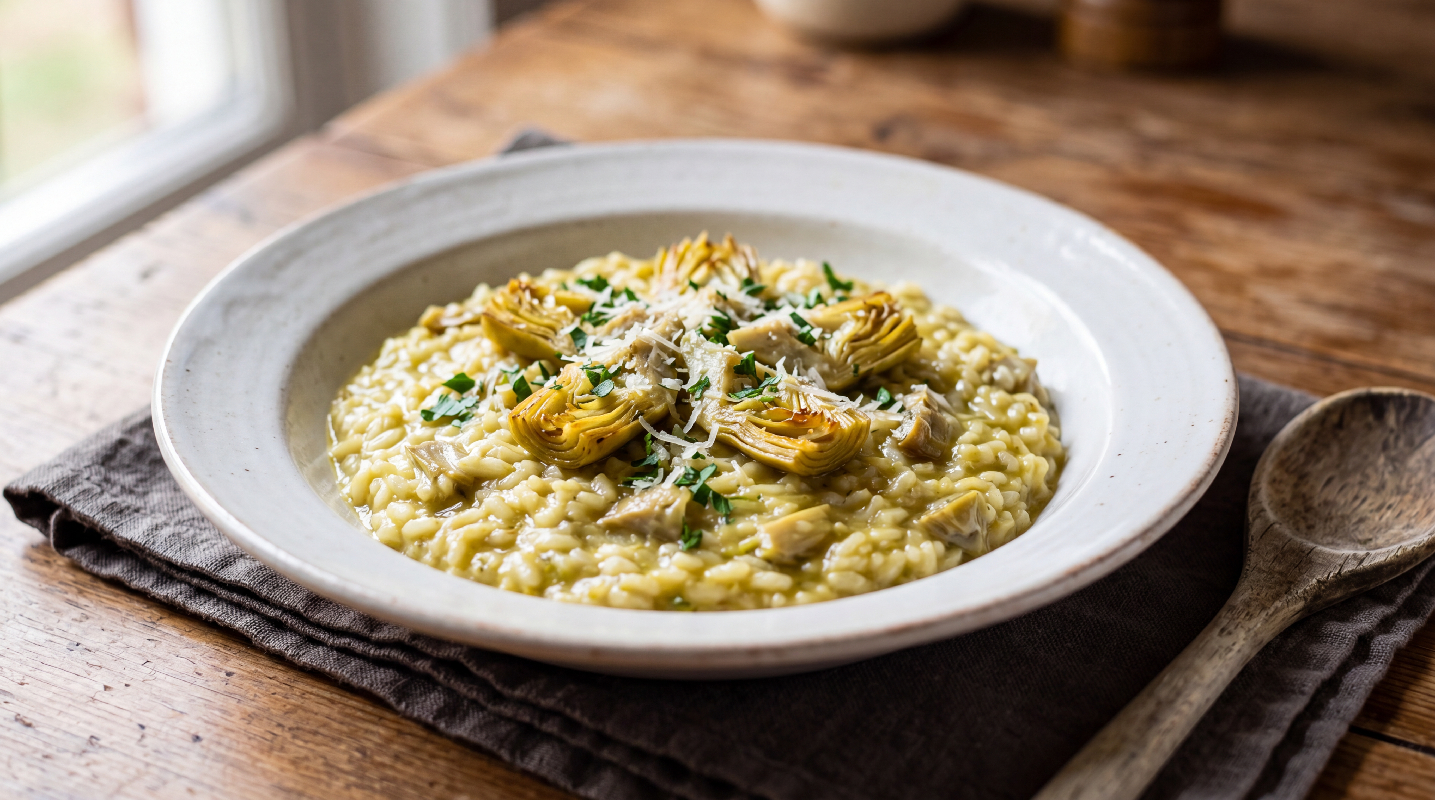 Artichoke heart risotto with Cinta Senese guanciale in a white plate