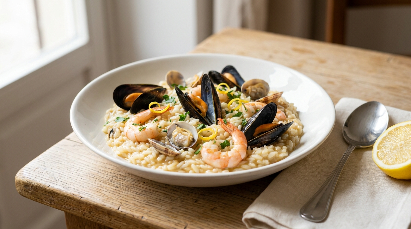 Creamy seafood risotto with red prawn bisque served in a white soup plate