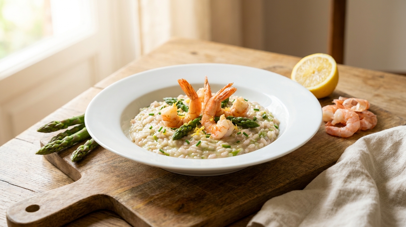 Risotto with Raw Red Prawns from Mazara and Asparagus, an original Acqua e Sole recipe