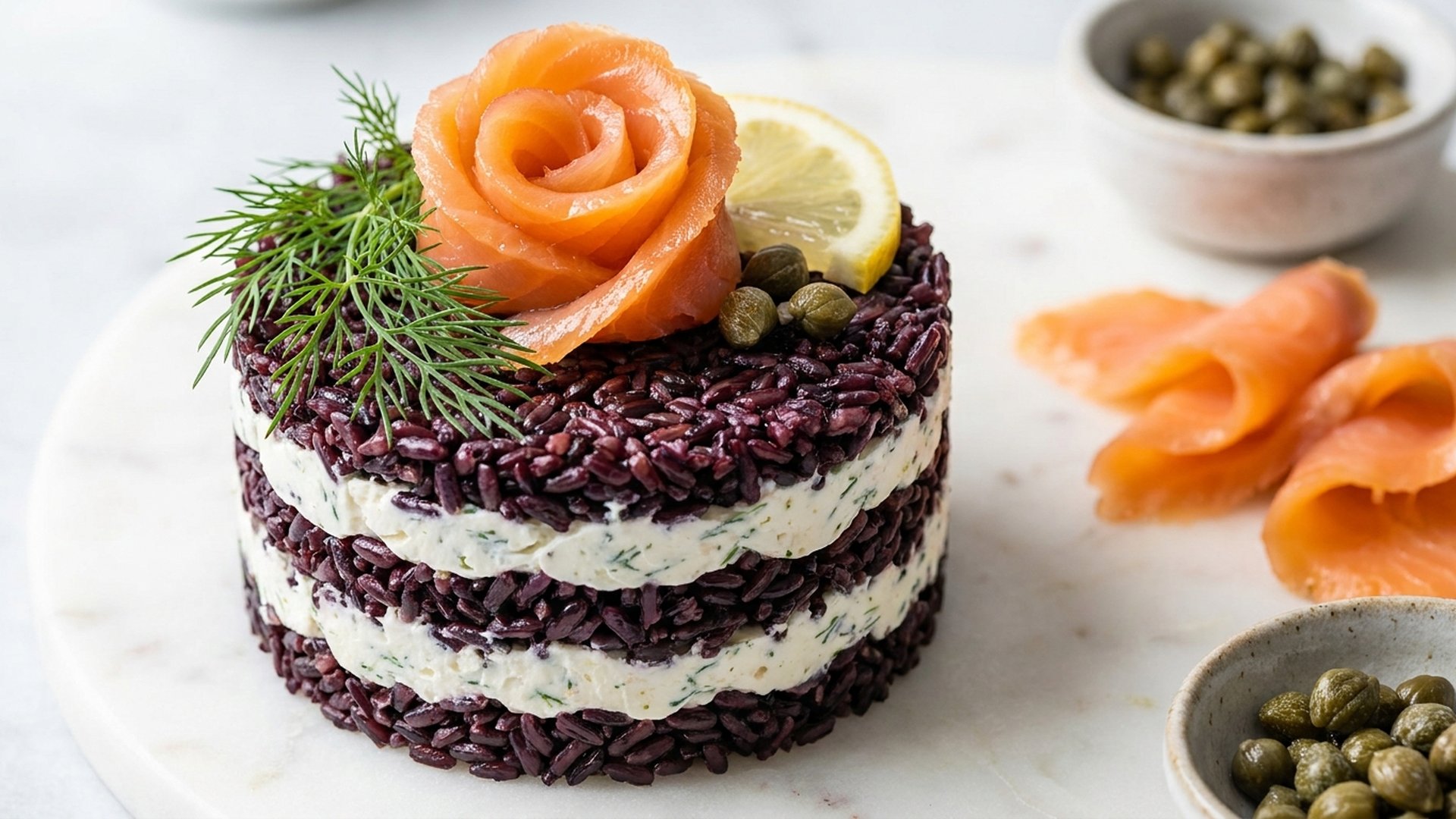 Black Rice Timbale with Smoked Salmon and Dill Cream Cheese