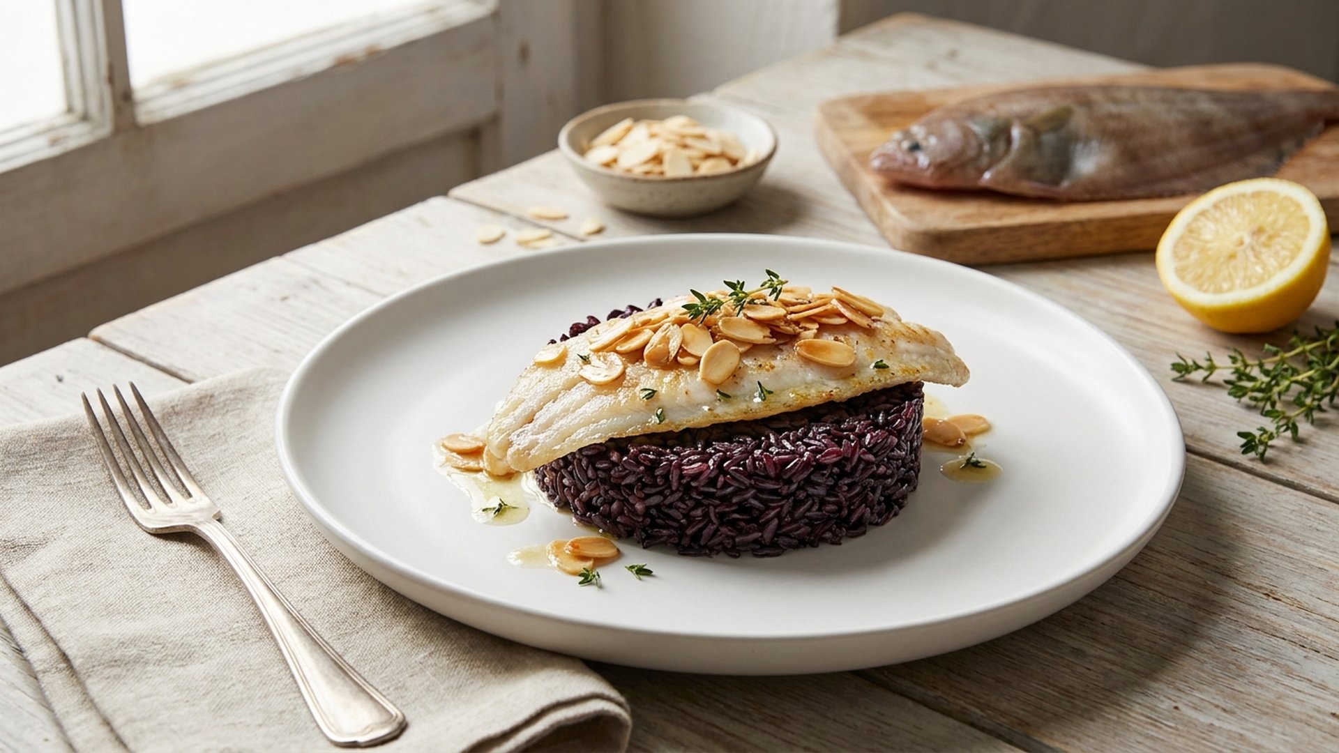 Tortino di Riso Nero con Filetto di Sogliola e Mandorle
