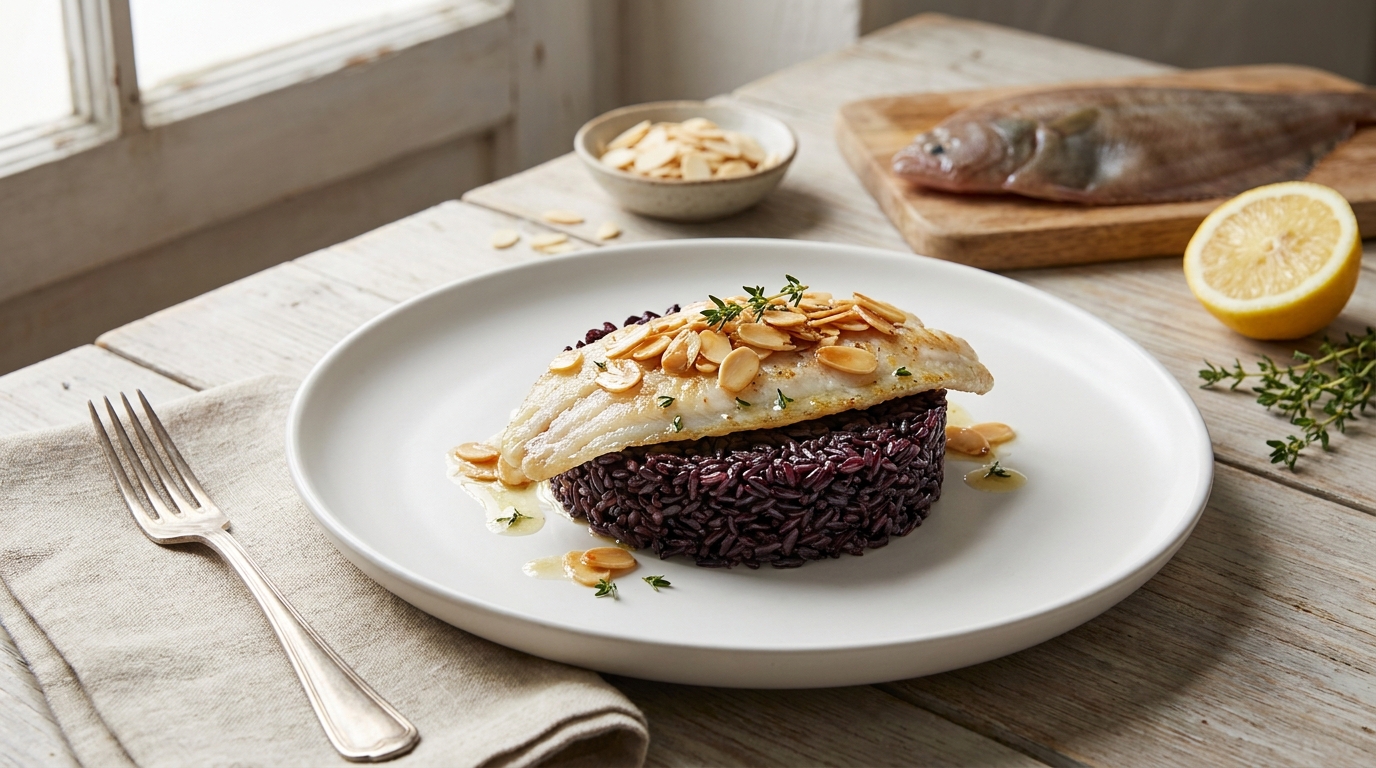 Black Rice Cake with Sole and Almonds, an original Acqua e Sole recipe