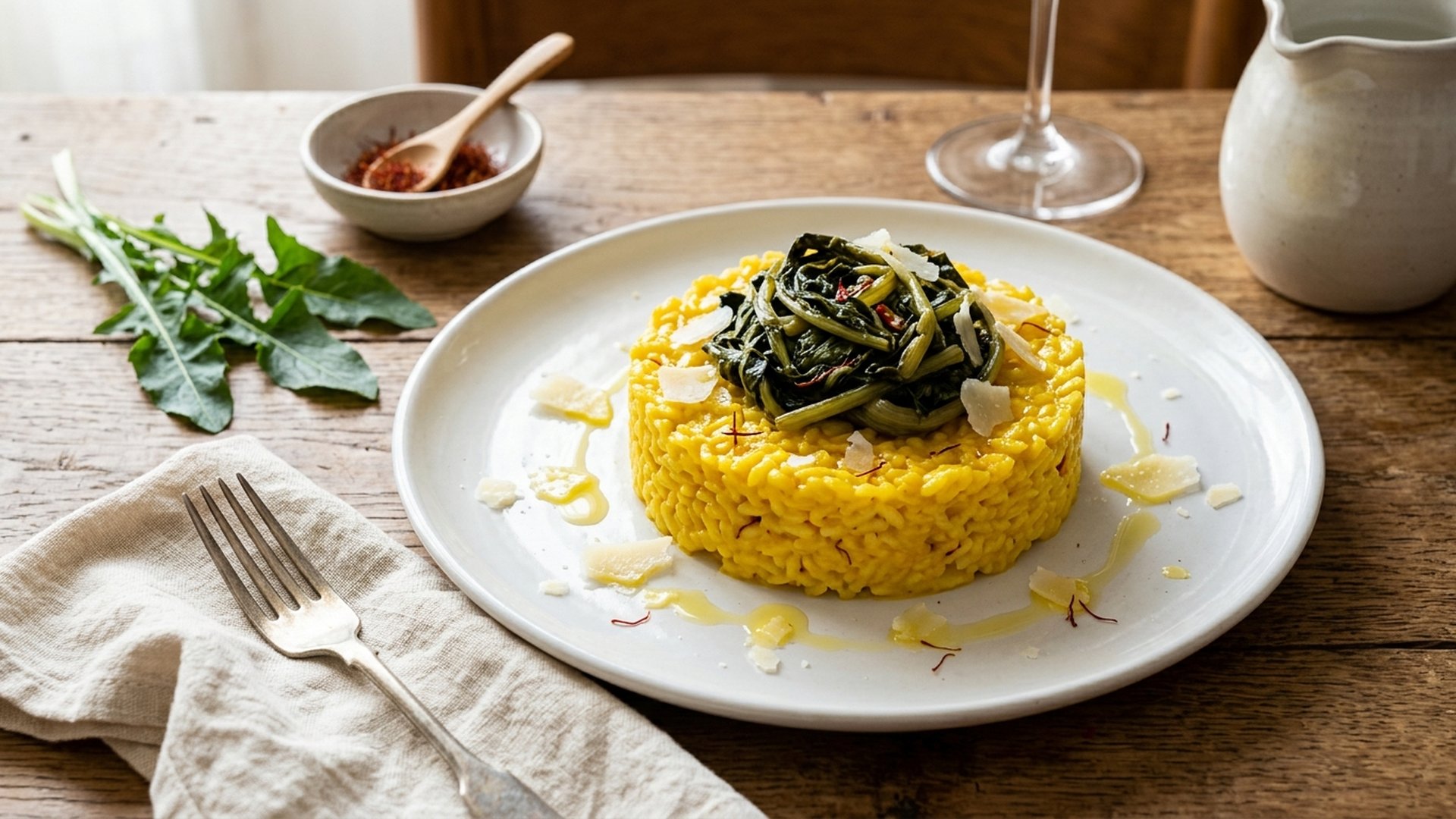 Saffron Risotto Tortino with a Chicory Heart