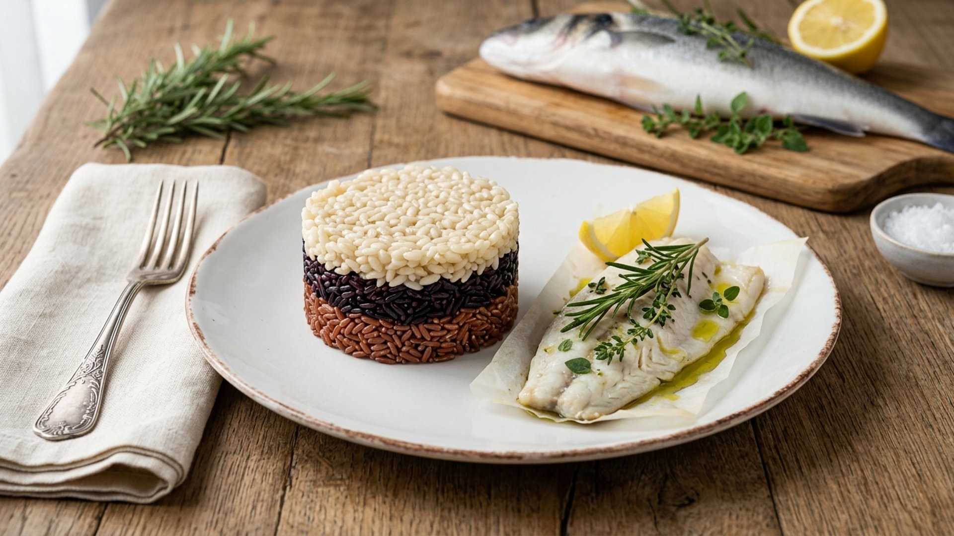 Tricolour Rice Timbale with Sea Bream in a Salt Crust