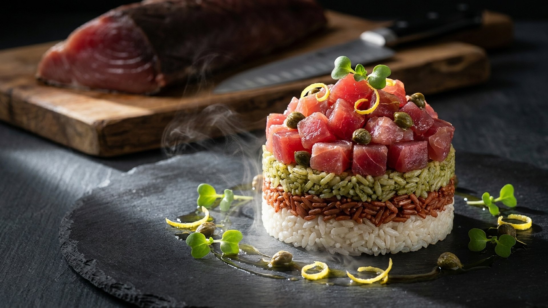 Tricolour Rice Stack with Tuna Tartare