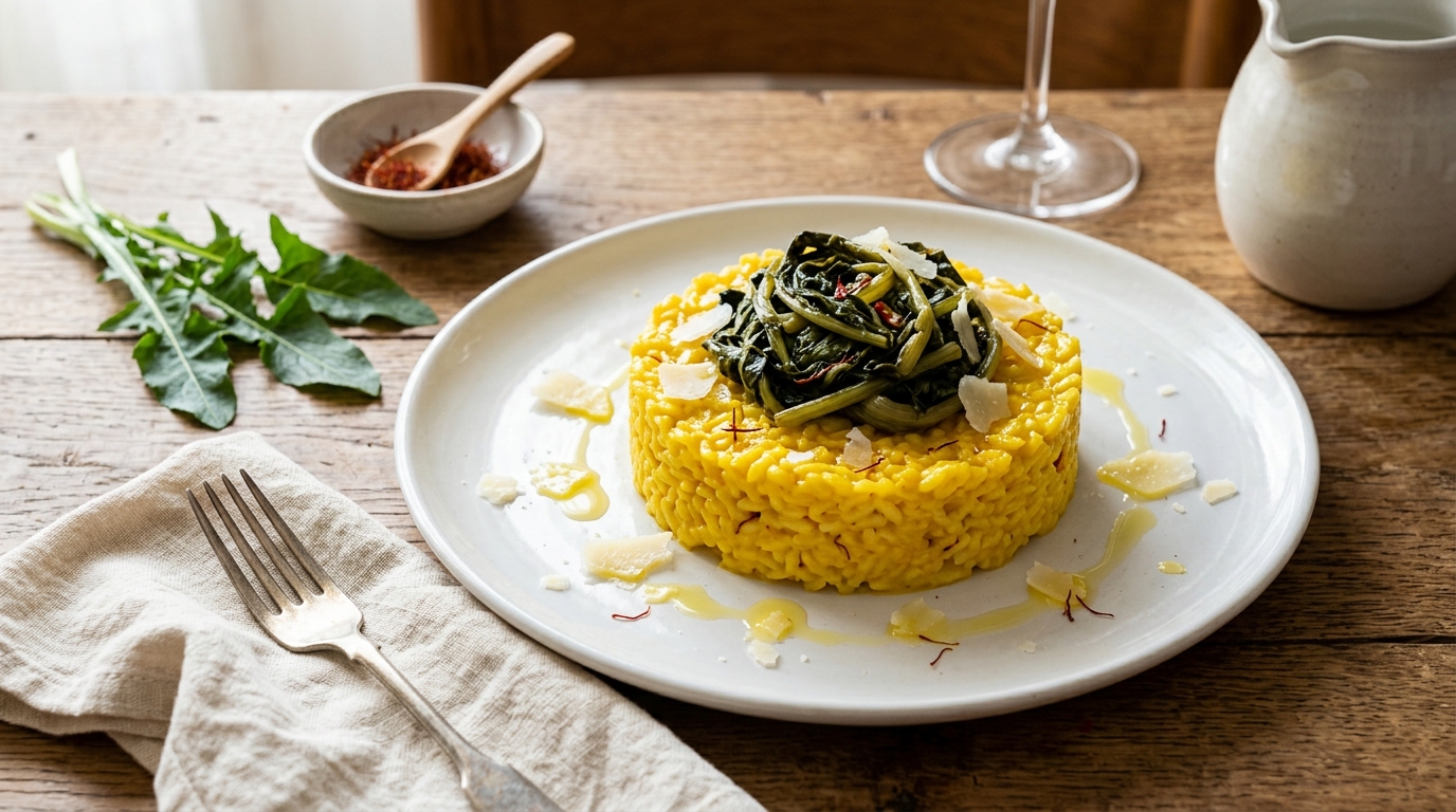 Saffron Rice Cake with Chicory, an original Acqua e Sole recipe